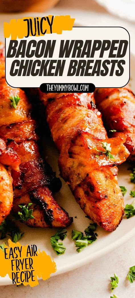 Make delicious Air Fryer Bacon-Wrapped Chicken Breasts with this easy recipe. Enjoy juicy chicken and crispy bacon cooked to perfection in your air fryer. Chicken Breast Recipes In Air Fryer, Air Fryer Bacon Wrapped Chicken, Bacon Wrapped Chicken Air Fryer, Bacon Wrapped Chicken Air Fryer Recipes, Bacon Wrapped Chicken Bites Air Fryer, Bacon Wrapped Avocado Air Fryer, Bacon Wrapped Jalapeño Popper Chicken Air Fryer, Pepperoni Chicken, Bacon Wrapped Chicken Tenders