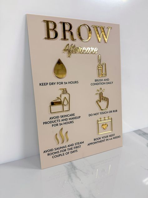 Stand out with a sign with our stunning aftercare signs. UV printed with 3D icons. Brow aftercare advice signage for your salon, beauty room, or aesthetics room. Beautiful 3D mirror titles and icons are available in gold mirror, rose gold mirror or silver. Size: Approximately size A3  Customise: Choose your colours from the drop-down menu. The 2D instructional writing will be white if the black base is chosen and black on all other bases. Made from 2 layers of 3mm acrylic  *Note on fixing your s Brow Aftercare, 3d Mirror, Salon Signs, Business Signage, Aesthetic Clinic, Rose Gold Mirror, Event Sign, Star Background, Salon Beauty