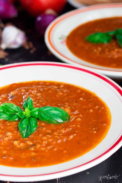 two bowls of spicy tomato, basil, and buckwheat soup | yumsome.com Buckwheat Soup Recipes, Buckwheat Soup, College Food, College Meals, Vegan Soups, Tomato Basil, Buckwheat, Vegan Recipes Easy, Easy Vegan