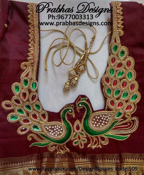 CODE NO 509. Double Peacock Aari Embroidery Blouse. Embossed Thread work, chain stitches, Stone work and Sugar Bead work Half Bead work, Zardosi work makes this work looks Beautiful. contact 9677003313  We conduct Aari Embroidery classes, Tailoring classes, Saree Tassel classes. and Machine Embroidery classes. We undertake orders for Bridal and Patch work blouses. www.prabhasdesigns.com #prabhasDesigns #aariembroidery #aari #maggam #maggamworks #aariclasses #Tailoringclasses #bridalblouses #wedd Peacock Blouse Designs, Peacock Embroidery Designs, Cutwork Blouse Designs, Simple Blouse Designs, Aari Embroidery, Hand Work Embroidery, Embroidery Works, Embroidery Neck Designs, Hand Work Blouse Design