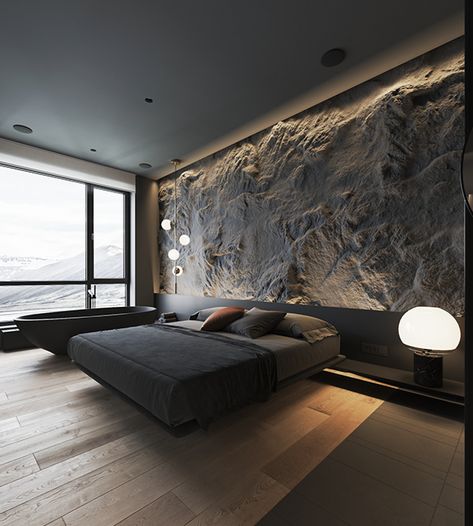 Textured Feature Wall, Stone Feature Wall, Minimal Interior Design, Loft Interior, Appartement Design, Luxury Bedroom Master, Bedroom Bed Design, Floor To Ceiling, Dark Interiors