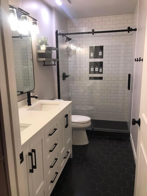 Bathroom Dark Vanity Ideas, Tiled Wood Floor, White And Black Small Bathroom, Small Bathroom Remodel Black And White, Traditional Bathroom Tile Ideas, Bathroom With Stand Up Shower Only, Sinks Bathroom Decor, Bathroom Decor Wall Shelves, Bathroom Decor Cheap