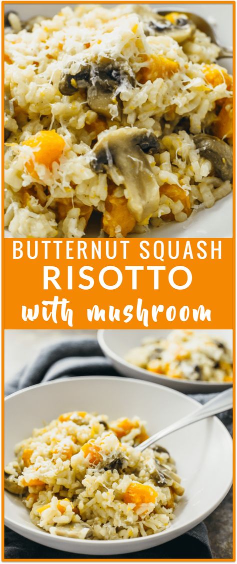 Butternut squash risotto with mushroom - This recipe is a must-make and it’s definitely the most delicious meal that I’ve made all month. It’s a butternut squash risotto with mushroom, garlic, and finely grated asiago cheese. So creamy, so easy to make, and tastes 10x better than the restaurant kind. It’s also what I consider to be a healthier version than most risottos and is vegetarian (and simple to convert to a vegan version). - savorytooth.com Squash Ideas, Soup Mushroom, Mushroom Garlic, Easy Risotto, Risotto Recipes Easy, Squash Risotto, Butternut Squash Risotto, Asiago Cheese, Butternut Squash Recipes