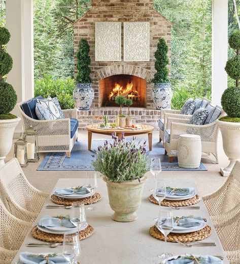 Lake House Ideas, Boxwood Topiary, Outdoor Living Rooms, Backyard Inspiration, Outdoor Decor Backyard, Outdoor Furniture Collections, Screened Porch, Outdoor Fireplace, Porch Patio