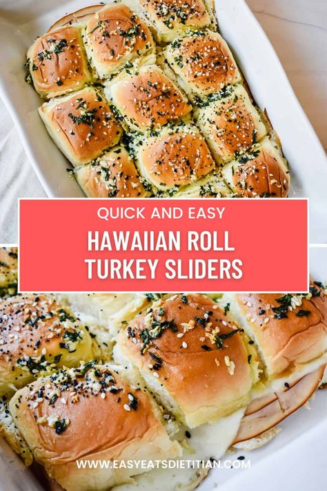 My Hawaiian roll turkey sliders are not only absolutely delicious but so easy to throw together, making them an irresistible addition to any gathering. These sliders feature tender slices of turkey and melted cheese nestled between soft and fluffy Hawaiian rolls and topped with an herby butter sauce. These rolls are perfect for potluck parties, family dinners, or a quick and delicious meal any time! #appetizer #lunch #quicklunch #potluck #fourthofjulyfood #easylunch