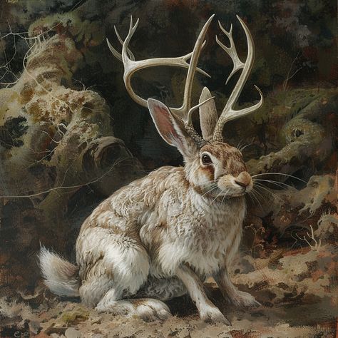 Venture into the icy realms with the legendary Caribou Jackalope! With the grace of a caribou and the whimsy of a rabbit, this mystical creature traverses the frost-kissed landscapes, weaving tales of magic and adventure. Pin this rare marvel for a glimpse into the mystical wonders of the north! 🌟 #FantasyCreature #Worldbuilding #MythicalBeasts #WinterWonderland Magical Creature Aesthetic, Jack Rabbit Art, Jackalope Cosplay, Jackalope Aesthetic, Jackalope Oc, Jackrabbit Art, Jackalope Costume, Care For Magical Creatures, Jackalope Painting