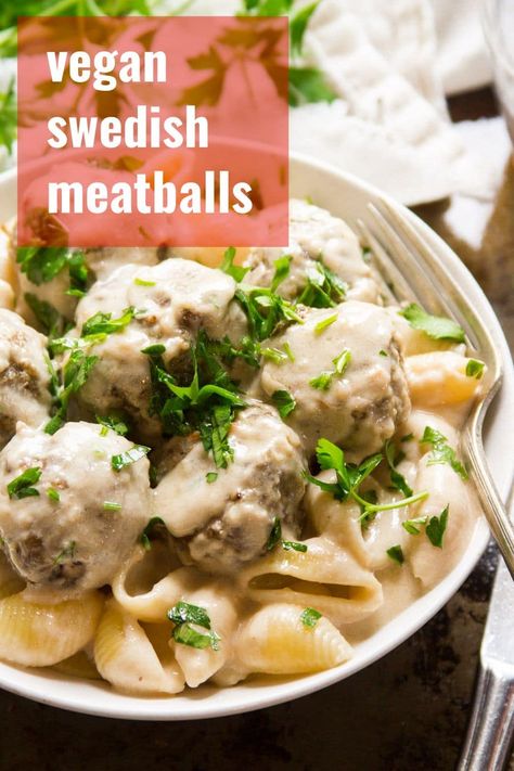 Savory mushroom balls are drenched in creamy sauce to make these flavor-packed vegan Swedish meatballs. Serve them over pasta for a delicious and cozy dinner. Vegetarian and dairy-free comfort food at it's best! #veganrecipes #vegetarianrecipes #veganmeatballs #swedishmeatballs #pasta #meatlessmonday Meatballs Noodles, Vegan Swedish Meatballs, Slow Cooker Swedish Meatballs, Dairy Free Sauces, Vegan Meatballs, Meat Alternatives, Vegan Main Dishes, Swedish Meatballs, Vegan Pasta