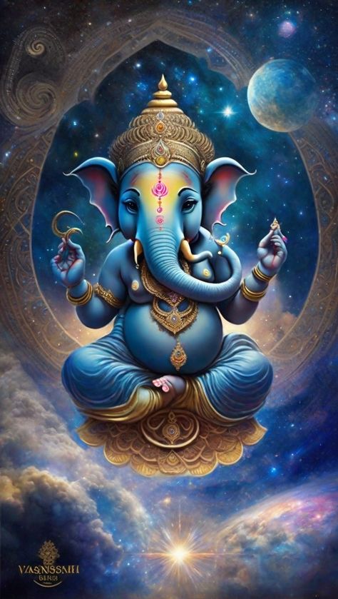 Lord Ganesha Amongst the Stars - Cosmic Blessings Om Ganesh, Cosmic Art, Ganesha Pictures, Krishna Painting, Ganesh Chaturthi, Indian Gods, Krishna Images, The Cosmos, Lord Ganesha