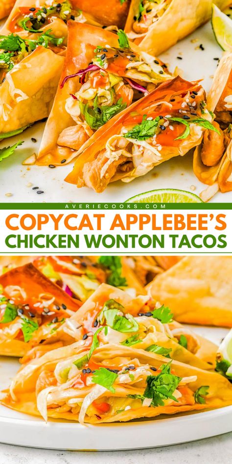 Copycat Applebee’s Chicken Wonton Tacos! This delicious game day recipe features a teriyaki chicken filling. Topped with sesame ginger coleslaw, these Asian chicken tacos with wonton shells are an easy football party food everyone will enjoy. Such a yummy appetizer! Asian Tacos Chicken, Applebees Chicken Wontons, Wonton Tacos Applebees, Applebees Wonton Tacos, Wonton Chicken Tacos, Asian Chicken Tacos, Easy Football Party Food, Chicken Wonton Tacos, Asian Tacos