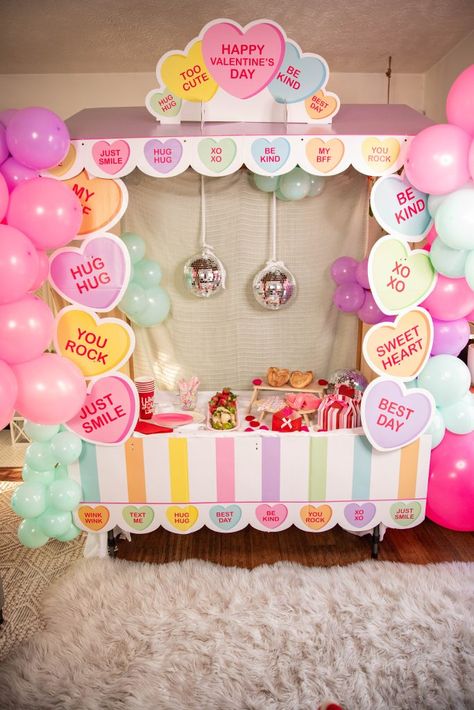 Galentines Day Make and Take DIY Craft Party with balloon arches and conversation hearts Conversation Hearts Party, Conversation Heart Party, Girly Baby Shower Themes, Diy Craft Party, Galentine's Party, Month Ideas, February Month, Party Zone, Celebrating Friendship