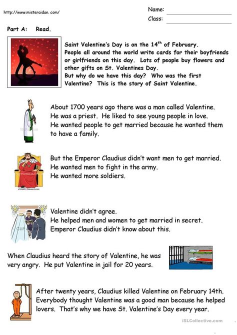 The History of Valentine's Day - English ESL Worksheets for distance learning and physical classrooms Valentine's Day Origin, Valentine Worksheets, Valentines Day History, Valentine History, Middle School Lesson Plans, History Worksheets, Comprehension Worksheets, Reading Comprehension Worksheets, Saint Valentine