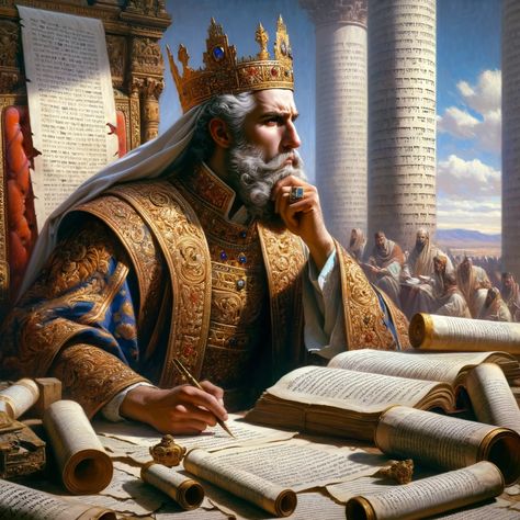 Image 1: A painting of King Solomon in regal attire, deep in thought, surrounded by ancient scrolls and texts. He's depicted in a contemplative pose, embodying both wisdom and the weight of his responsibilities. The background is a scene from ancient Israel, suggesting the era of 1 Kings 3:12. This image conveys the complexity of Solomon's character: a wise king who still faced human... King Solomon Art, Old King Art, King Solomon Wisdom, Macbeth Poster, Solomon Bible, Wisdom Of Solomon, King Images, Ancient Scrolls, Wisdom Pictures