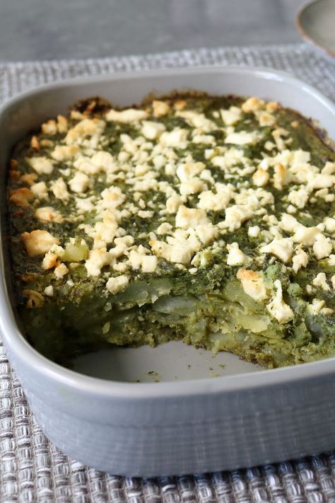 Greek Feta and Spinach Potato Casserole Spinach Potato, Convenient Dinner, Baked Feta, Spinach Feta, Protein Nutrition, Potatoe Casserole Recipes, Spinach And Feta, Fresh Mint Leaves, Sliced Potatoes