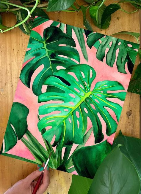 Plant Mama, Orange Painting, Cute Canvas Paintings, Soyut Sanat Tabloları, Art Tropical, Plant Painting, Small Canvas Art, Monstera Deliciosa, Tropical Art