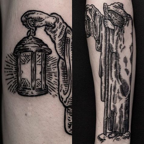 The Hermit Tattoo, Mimic Tattoo, The Hermit Tarot Tattoo, Hermit Tattoo, Tarot Tattoo Ideas, Medieval Woodcut, Etching Tattoo, Woodcut Tattoo, Lantern Tattoo