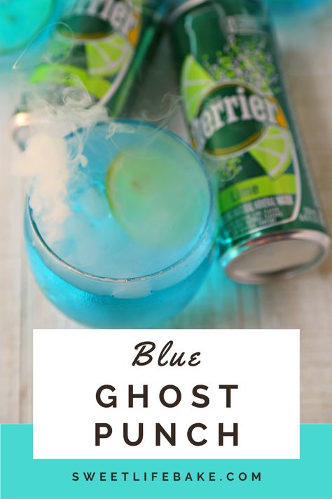 Just in time for Halloween, I’m sharing this spooky delicious cocktail in honor of the USS Lexington. The Blue Ghost Punch is a delicious mix of vodka, Lime PERRIER® and blue Curacao. #halloween #punch #blueghostpunch #sweetlifebake #sweetlife #sweetliferecipes | sweetlifebake.com @sweetlifebake Blue Halloween Drinks Alcohol, Curacao Punch, Halloween Punch For Kids, Halloween Punch Recipes, Vodka Punch, Vodka Blue, Alcoholic Punch Recipes, Blue Punch, Drink Recipies