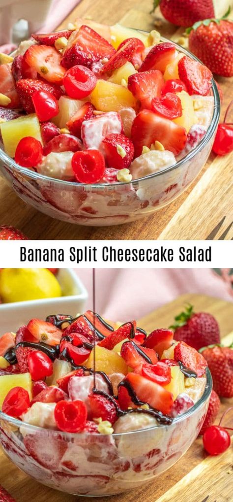 Banana Split Cheesecake Salad is an easy dessert salad recipe made with everything you love about a banana split. Sweet cherries, bananas, and nuts, is mixed with a cream cheese and banana pudding dressing and tossed together for the BEST summer dessert salad. The perfect dessert recipe for parties and potlucks! #banana #dessert #bananasplit #cheesecake #creamcheese #homemadeinterest Cheesecake Salad Recipe, Banana Fruit Salad, Banana Split Cheesecake, Banana Split Recipes, Dessert Salad Recipes, Pudding Desserts Recipes, Cheesecake Salad, Best Summer Desserts, Banana Dessert