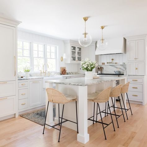 Penny & Pearl Design (@pennyandpearldesign) • Instagram photos and videos Neutral Kitchen Colors, Arched Bridge, Vertical Shiplap, Rattan Counter Stools, Bridge Faucet, Shiplap Backsplash, Classic White Kitchen, Countertop Decor, Cozy Home Office