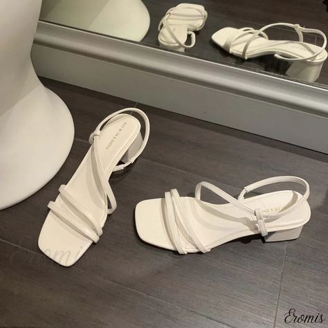 Eromis - Open-Toe Square-toe Sandals with Ankle Strap, Chunky Heel and Delicate Straps Louis Vuitton Sneaker, Casual Shoes Women Sneakers, White Strappy Heels, Shoes Heels Classy, Cute Shoes Heels, Elegant Sandals, Square Toe Sandals, Heels Classy, Square Head