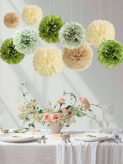 12pcs Party Tissue Pom Poms Set, Green Paper Flowers Decoration For Birthday Party, Bridal Shower, Baby Shower Decor Green Bean Green Khaki Beige    Paper     Event & Party Supplies, size features are:Bust: ,Length: ,Sleeve Length: Spring Woodland Baby Shower Theme, Garden Party Shower Baby, Green And Yellow Baby Shower Ideas, Baby In Bloom Baby Shower Decor, Plant Themed Baby Shower Ideas, Spring Baby Shower Decor, Baby Shower Themes Spring, Wildflower Baby Shower Decorations, Garden Party Baby Shower Ideas