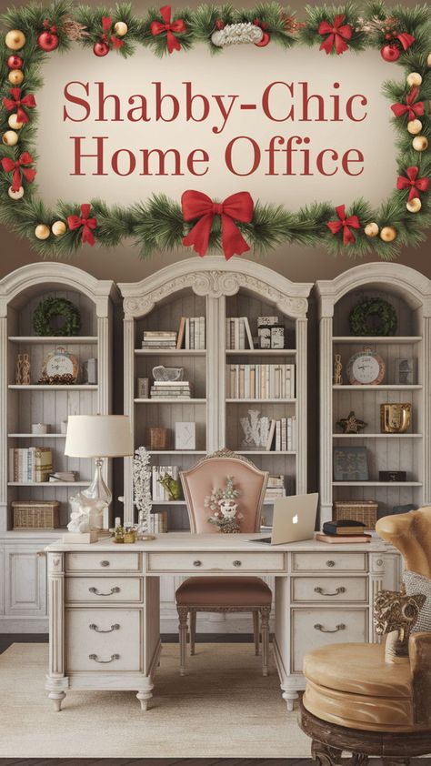 Create a charming office with shabby chic essentials, from a vintage desk to soft holiday accents. Add Christmas decor inspiration 🎅 like twinkling lights and feminine desk setup elements to make your workspace beautiful and inviting. Every piece adds to a cozy, chic vibe. 🌹📒 #shabbychicdecor #holidayofficedecor #feminineofficedecor #vintagehomeoffice #christmasdecorinspo #chiccolorpalette #homeofficespace #romanticshabbychic Feminine Home Office Classy, Shabby Chic Color Palette, Romantic Office, Holiday Office Decor, French Provincial Desk, Chic Essentials, Feminine Office Decor, Chic Decor Diy, Office Goals