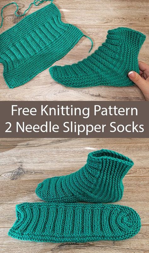 Beautiful Skills - Crochet Knitting Quilting : Easy Two Needle Ribbed Slipper Socks - Free Pattern Two Needle Socks, Etsy Knitting Patterns, Knitted Socks Free Pattern, Knit Slippers Free Pattern, Knitting Patterns Free Blanket, Knitted Slippers Pattern, Beginner Knitting Projects, Sock Knitting Patterns, Knitted Socks