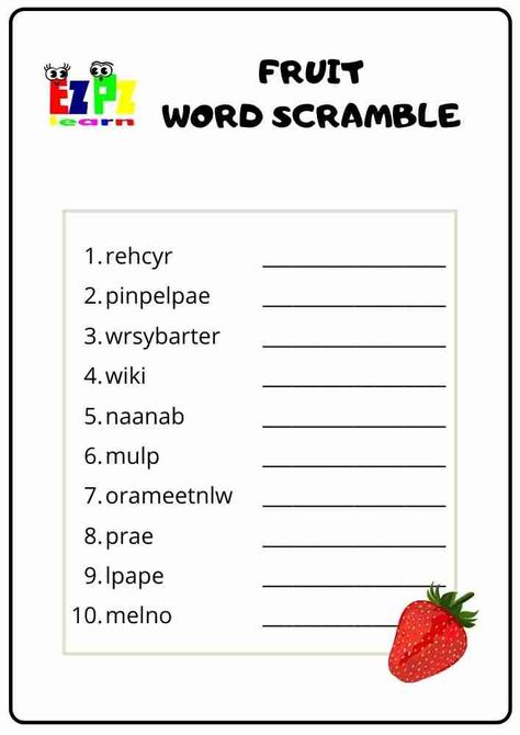 Free Printable Word Scramble English Game For Kids Topic Fruit Kids Brain Games, English Games For Kids, Scramble Words, Brain Teasers For Kids, Scramble Game, Fast Finishers, English Games, Word Scramble, Printable Activities For Kids