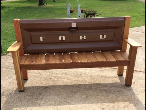 Tailgate Headboard, Truck Tailgate Bench, Tailgate Bench, Cedar Bench, Car Parts Decor, Headboard Benches, Making A Bench, Man Cave Room, Truck Tailgate