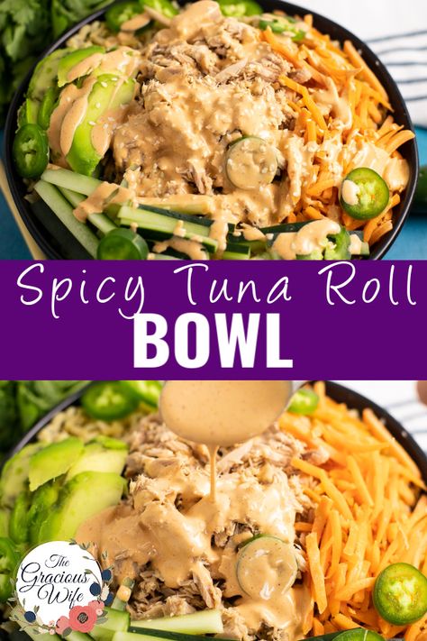 This Spicy Tuna Roll Bowl is inspired by a sushi favorite: spicy tuna rolls! It is so easy to make with all of the fixings of a spicy tuna roll, including tuna, cucumber, avocado, rice, and a spicy mayo dressing, all in the ease of one bowl! Lunchable Ideas, Seafood Entree, Tuna Cucumber, Sushi Bowl Recipe, Tuna Roll, Light Lunches, Avocado Rice, Mayo Dressing, Clean Meals