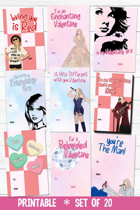 Taylor Swift Valentine Cards, Swiftie Valentine Cards, Printable Classroom Valentines, Instant Download Set of 20 unique Swiftie Valentine card designs. These are not editable as the “To” and “From” spaces are meant to be filled out by hand for a personal touch. Taylor Swift Valentines Day Cards, Taylor Swift Valentines, Taylor Swift Printable, Valentine Cards Printable, Swiftie Merch, Classroom Valentines, Valentine Coloring Pages, Printable Classroom Decor, Printable Valentines Cards