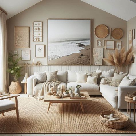 Neutral Coastal Living Room Coastal Living Room Wall Decor Ideas, California Coastal Living Room, Coastal Casual Living Room, Small Coastal Living Room, California Casual Living Room, Neutral Coastal Living Room, Coastal Lounge, Global Living Room, Cool Living Room