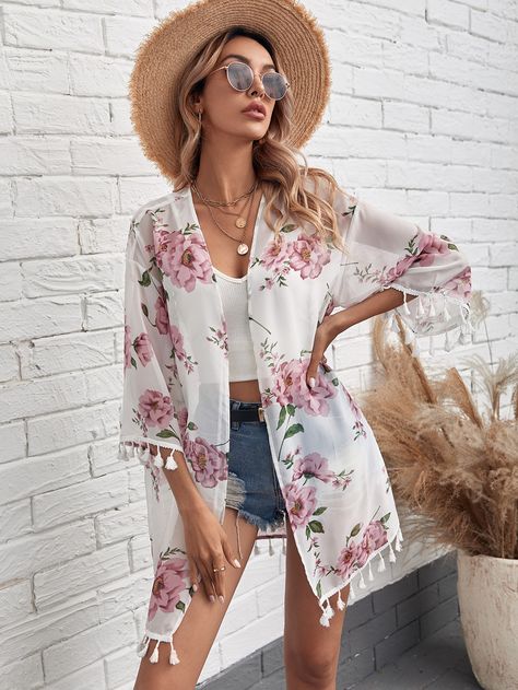 Multicolor   Three Quarter Length Sleeve Polyester Floral   Non-Stretch Spring/Summer Women Beachwear Kimono Summer Outfit, Floral Kimono Outfit, Summer Kimono Outfit, Outfit Kimono, Look Kimono, Crop Top Blanc, Kimono Floral, Kimono Outfit, Chiffon Kimono