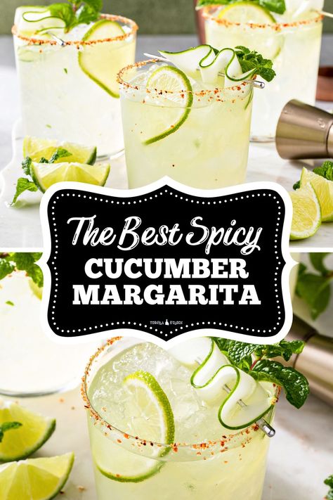 the best spicy cucumber margarita Homemade Drinks Recipes, Spicy Margarita Recipe, Cucumber Margarita, Mint Margarita, Margarita Ingredients, Drink At Home, Margarita On The Rocks, Jalapeno Margarita, How To Make Margaritas