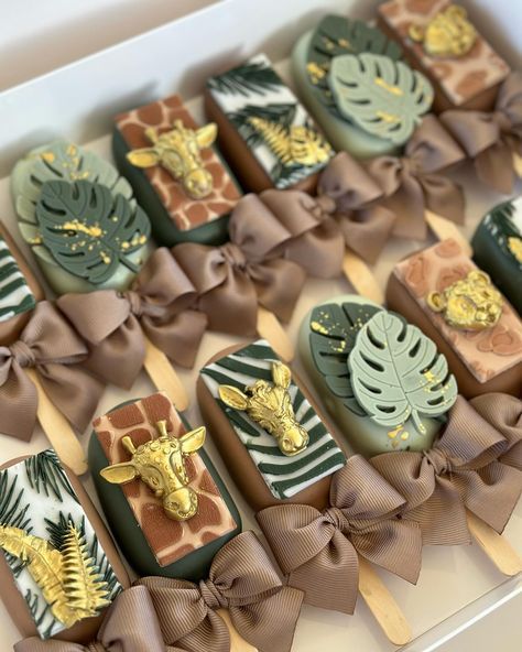 Safari Theme Cakesicles, Jungle Theme Treats, Safari Cakesicles, Jungle Theme Dessert Table, Safari Treats, Safari Cake Pops, Safari Party Ideas, Cool Party Ideas, Two Wild Cakes