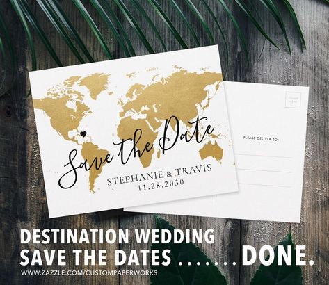 Make an easy wedding decision and check "save the date" off your destination wedding to-do list in a flash. Our easy-to-personalize save the date postcard template was designed specifically for an elegant destination wedding anywhere in the world. In a style that works no matter what your color scheme will be, they will be a fun and elegant part of your wedding invitation stationery set. #destinationwedding #savethedate #map #worldmap #zazzle #zazzlemade #gold #travel #traveltheme #elegant 10k Wedding, Save The Date Destination, Destination Wedding Etiquette, Destination Wedding Save The Date, Wedding Features, Heart Location, Gold World Map, Electronic Save The Date, Gold Map