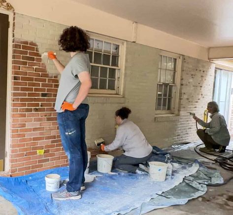 We have spent many years lime washing many homes and there is one thing we've learned. It's definitely a diy project anyone can tackle! Here is how to limewash an exterior brick house with Riposo Beige. Beige Limewash Brick Exterior, Romabio Limewash Riposo Beige, Nube Gray Limewash Brick Exterior, Riposo Beige Limewash Exterior, Brick Limewash Exterior, Romabio Limewash Before And After, Mortar Washed Brick Exterior, Lime Wash Brick Exterior, Lime Washed Brick Exterior