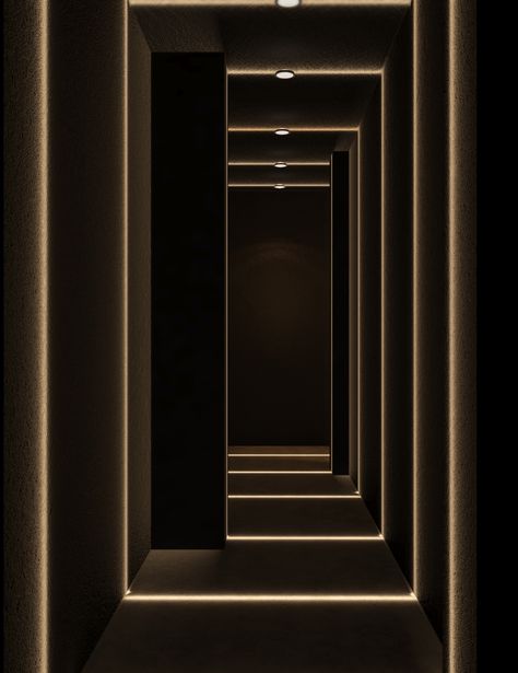 Dark Hotel Hallway, Dark Corridor, Cheap Basement Ideas, Lobby Designs, Club Hallway, Luxury Hotels Lobby, Corridor Design, Corridor Lighting, All Of The Lights