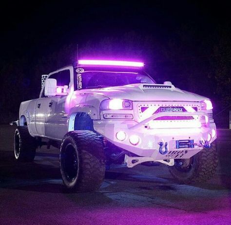 Lights White Lifted Truck With Pink Lights, Jacked Up Trucks With Led Lights, Lifted Trucks With Led Lights, Girl Truck Accessories, Jacked Up Chevy, Jacked Up Truck, Trucks Lifted, Hot Trucks, Trucks Lifted Diesel