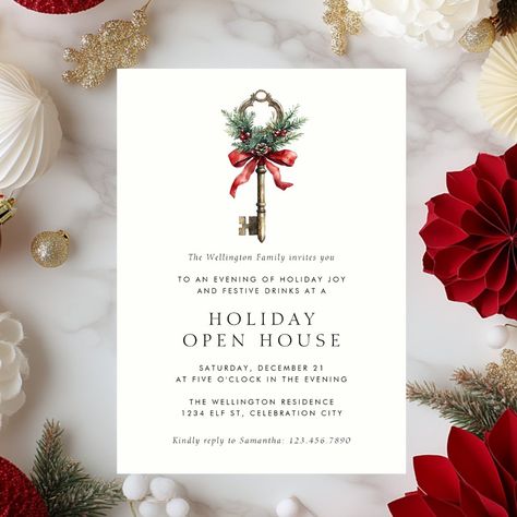 Holiday Open House Festive Key Christmas Party Invitation Elegant Christmas Party Invitations, Open House Party, Elegant Christmas Party, Holiday Open House, Christmas Address Labels, Holiday Party Favors, Festive Drinks, Christmas Party Invitation, Holiday Party Invitations