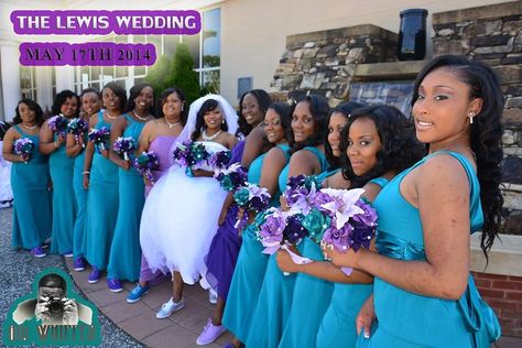 Bride & Her Bridesmaids in turquoise and purple dresses Purple And Teal Bridesmaid Dresses, Purple And Teal Wedding Dresses, Purple Turquoise And Grey Wedding, Wedding Dress With Purple And Teal Accents, Purple Turquoise Wedding Budget-bride.shop, Purple Turquoise Wedding, Turquoise Bridesmaid Dresses, Purple Bridesmaid, Purple Dresses