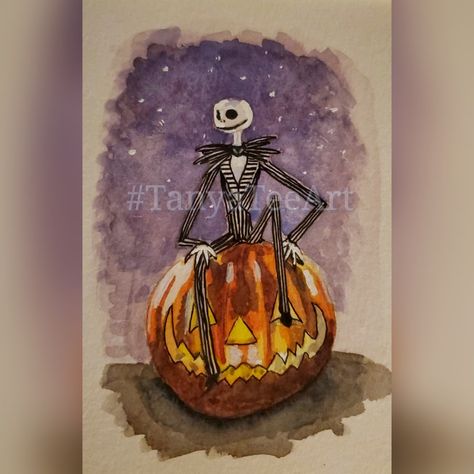 Jack Skellington, watercolor 4.5 x 5.5 Jack Skellington Watercolor, Spooky Watercolor, Jack Skeleton, Graphite Pencils, Jack Skellington, Chalk Paint, Painting Ideas, Chalk, Watercolor Paintings