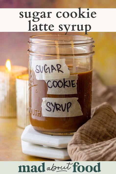 Latte Syrup Recipe, Starbucks Sugar Cookie Latte, Sugar Cookie Almond Milk Latte, Starbucks Sugar Cookie, Sugar Cookie Syrup, Sugar Cookie Latte, Diy Sugar Cookies, Homemade Coffee Syrup, Healthy Sugar Cookies