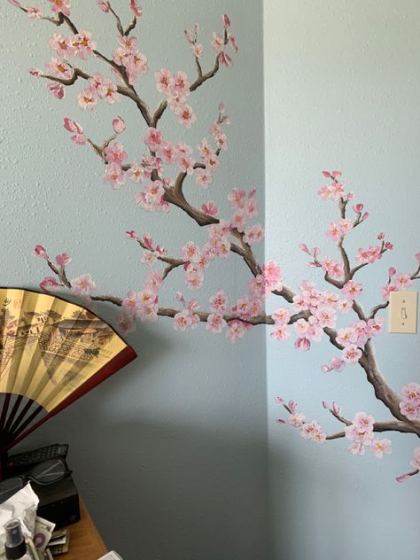 Cherry Blossom Tree Wall Painting, Cherry Blossom Tree Wall Mural, Cherry Blossom Mural Painting, Ideas For Wall Painting Bedrooms, Cherry Blossom On Wall, Bedroom Cherry Blossom, Chinese Mural Art, Cherry Blossom Painting On Wall, Cherry Blossom Tree Mural