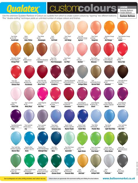 Creating custom colours by layering 2 Qualatex balloons Qualatex Double Stuffed Chart, Double Stuff Balloon Color Chart, Double Stuffed Balloon Color Chart, Balloon Inside Balloon, Balloon Store, Colors Chart, Balloon Colors, Balloon Arch Diy, Balloons Galore