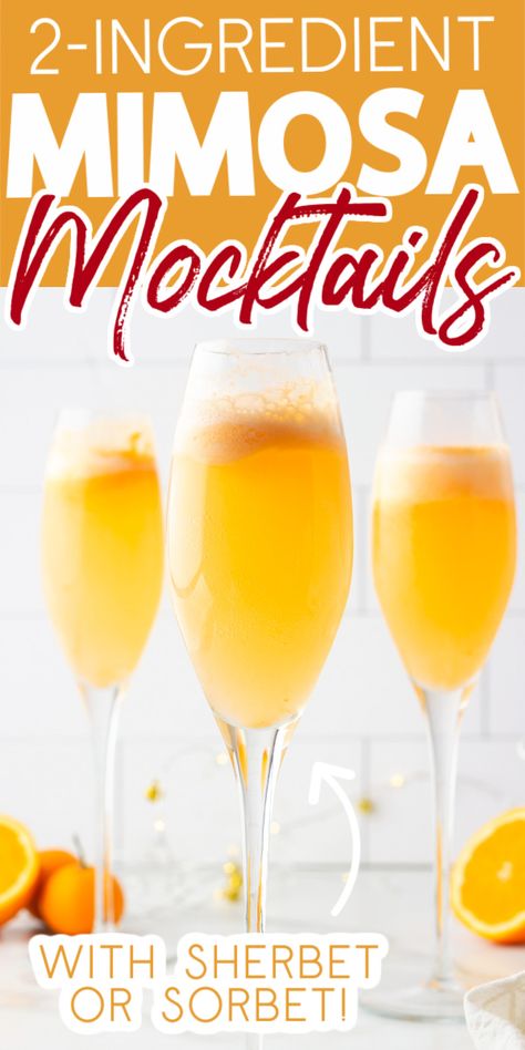 three champagne flutes filled with orange sherbet mimosa mocktails Mocktail Mimosa, Virgin Mimosa Recipe, Mimosa Mocktail, Mocktails Non Alcoholic, Best Mocktails, Christmas Mocktails, Easy Mocktails, Easy Mocktail Recipes, Virgin Drinks