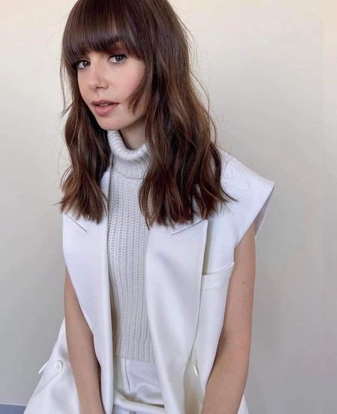 Emily In Paris Hair, Emily In Paris Lily Collins, Lily Collins Hair, British Celebrities, Woman Sweater, Turtleneck Sweaters, Hair Bangs, Ladies Turtleneck Sweaters, Emily In Paris