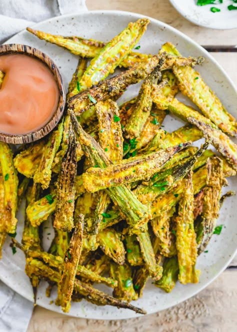 Air Fryer Okra, Okra Benefits, Parsnip Fries, Okra Fries, Bbq Platter, Fried Okra, Pickled Okra, Okra Recipes, Easy Air Fryer