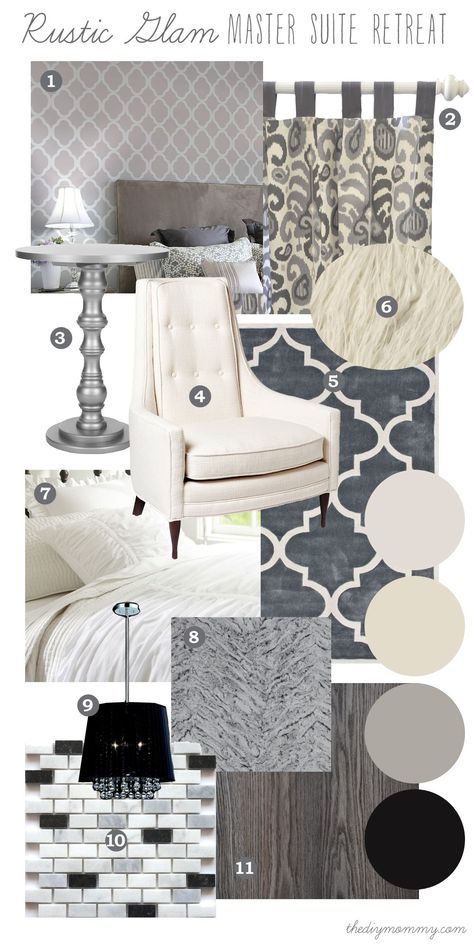 Mood Board: Rustic Glam Master Suite Retreat – Our DIY House | The DIY Mommy  Just purchased cream leather furniture and wanted to paint my walls a light grey and this looks like it will work out well. Rustic Glam Decor, Glam Living Room, Rustic Glam, Trendy Bedroom, Rustic Bedroom, Ikea Hacks, Cheap Home Decor, Home Fashion, Home Decor Bedroom