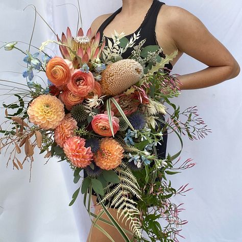 Banksia Wedding Bouquet, Banksia Bouquet, Jasmine Vine, Fern Wedding, Cascading Bridal Bouquets, Dahlia Bouquet, Billy Buttons, Native Flowers, Bohemian Coastal