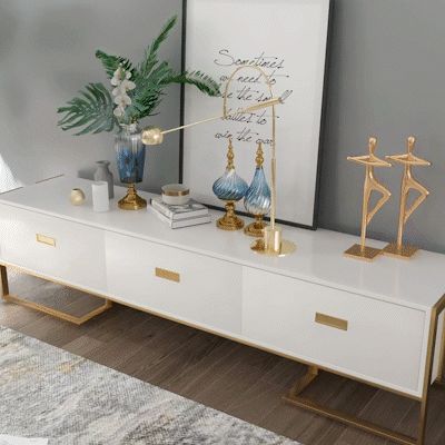 Gold Tv Stand Ideas For Living Room, White And Gold Tv Stand, Glam Tv Stand, White And Gold Tv Console, Gold Glass And White Tv Unit, White Gold Media Console, Gold Tv Stand, Small Tv Stand, Center Table Living Room